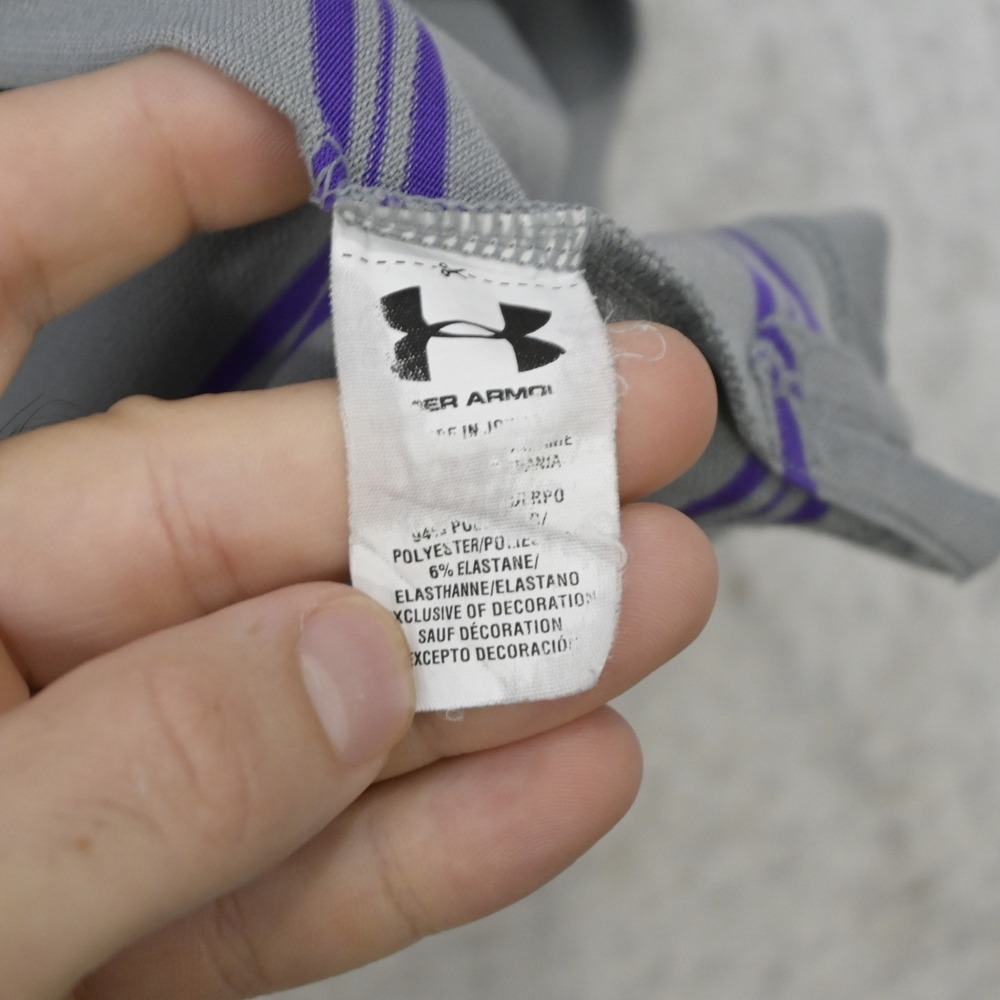 Under Armour Polo Shirt Mens Medium Gray Purple Striped Short Sleeve HeatGear - Picture 7 of 11